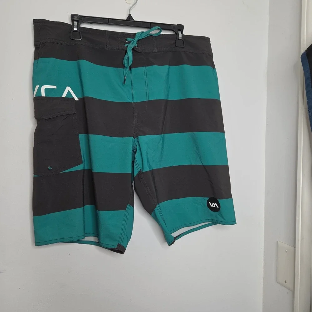 RVCA‎ Industry Mens Board Shorts Teal Charcoal Grey Striped Swim Trunks Size 36